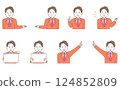 Illustration set of a young man in a suit giving directions 124852809