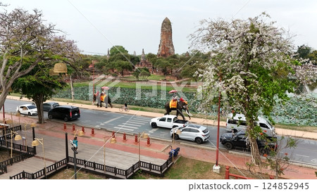 Tourists ride an elephant through the streets of Ayutthaya cultural. Tourists ride an elephant through the streets of Ayutthaya cultural. 124852945
