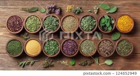 Rows of wooden bowls filled with colorful dried herbs and spices, showcasing variety and texture of aromatic ingredients. Rows of wooden bowls filled with colorful dried herbs and spices, showcasing variety and texture of aromatic ingredients. 124852949