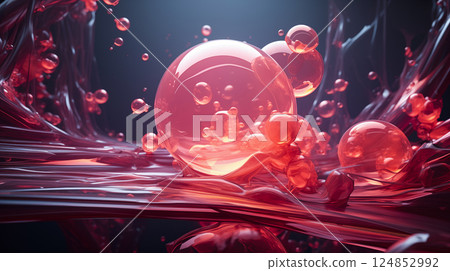 Glossy translucent red spheres floating in abstract fluid environment with a high-shine, futuristic, and surreal effect Glossy translucent red spheres floating in abstract fluid environment with a high-shine, futuristic, and surreal effect 124852992