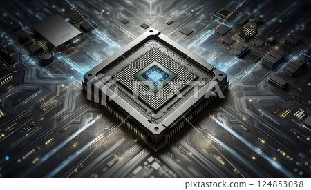Computer Chip Dark Background with Circuit Board Texture Computer Chip Dark Background with Circuit Board Texture 124853038