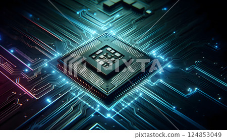 Computer Chip Dark Background with Circuit Board Texture Computer Chip Dark Background with Circuit Board Texture 124853049