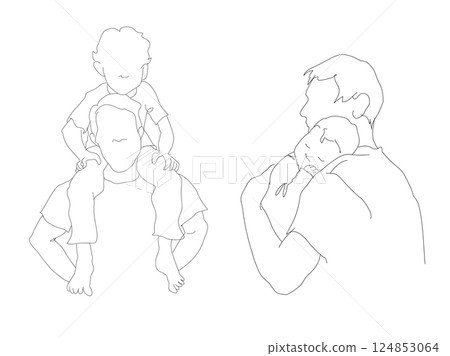 Father carrying son on shoulders Father holding baby Hand-drawn simple line illustration 124853064