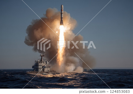 Nuclear war. Launch of a nuclear ballistic intercontinental missile from submarine. A nuclear weapon rises from the submarine, symbolizing the threat of total global destruction. 124853083