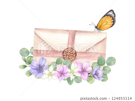 Spring flower bouquet, butterfly and sealed envelopes for letters watercolor illustration isolated background. Blue, pink , white flowers and orange moth insect for greeting cards, invitation design 124853114