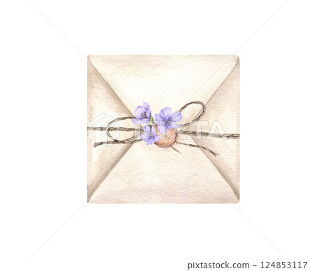 Watercolor mail envelope tied with jute and sealed with brown round wax with blue wildflowers illustration isolated background. Vintage close letter ready for sending with rope bow and spring flowers. 124853117