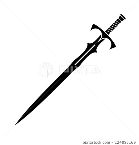 Fantasy Sword Silhouette Vector Illustration. This vector illustration features a bold and stylized silhouette of a fantasy sword. 124853169