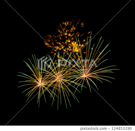 Yellow and green firework sparkling on black background for celebration and anniversary Yellow and green firework sparkling on black background for celebration and anniversary 124853290