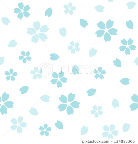 Seamless pattern of scattered cherry blossoms in blue Seamless pattern of scattered cherry blossoms in blue 124853306
