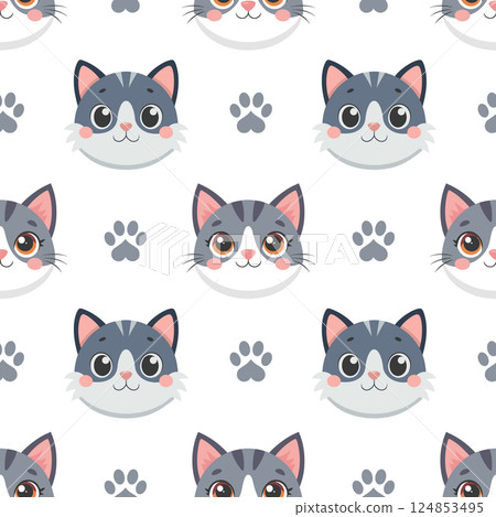 Seamless pattern of cute cat faces and paw prints. Seamless pattern kittens. Cute background for kids. 124853495
