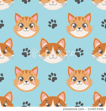 Seamless pattern of cute cat faces and paw prints. Seamless pattern kittens. Cute background for kids. 124853496