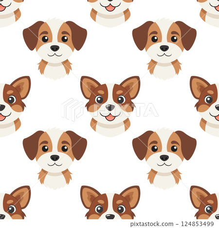 Seamless pattern of cute dog faces. Puppies seamless pattern. Cute background for kids. Seamless pattern of cute dog faces. Puppies seamless pattern. Cute background for kids. 124853499