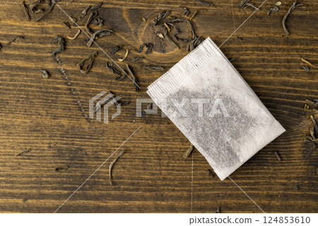 high quality expensive green tea and a white bag with cheap tea bag, top view 124853610