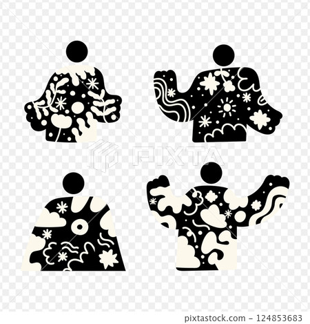 Cartoon doodle character with hand draw doodle flower. Folk art style illustration. Vector art design for print, logo, wallpaper, wall art, branding, sticker and poster. 124853683