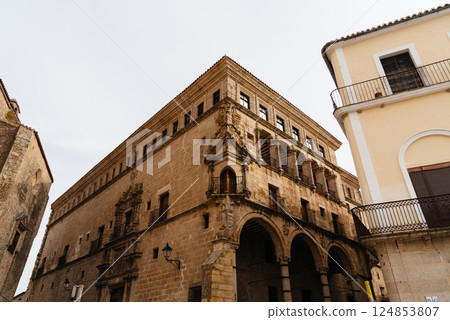 Exploring the historic architecture of Trujillo in Extremadura, Spain, from a unique low angle. 124853807
