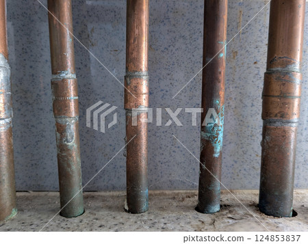 Old Copper Kitchen Bathroom Pipes in back condition house renovation DIY Project Old Copper Kitchen Bathroom Pipes in back condition house renovation DIY Project 124853837