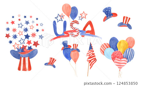 American flags, stars, hats, balloons watercolor illustration isolated background. Traditional holiday symbols in national colors. Happy 4th of July USA Independence Day set. For celebration party 124853850