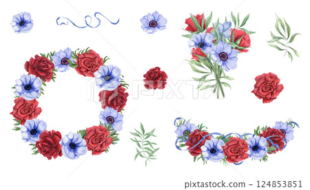 Blue, red flower bouquet, wreath, garland watercolor illustration clip art isolated background. Roses and anemones with green leaves. Set for Memorial day, Independence day greetings, national holiday 124853851