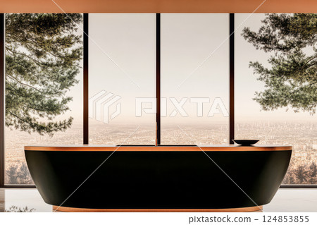 Modern interior design with panoramic view in a serene setting 124853855