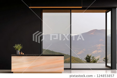 Modern reception area with mountain view in a sleek architectural design 124853857
