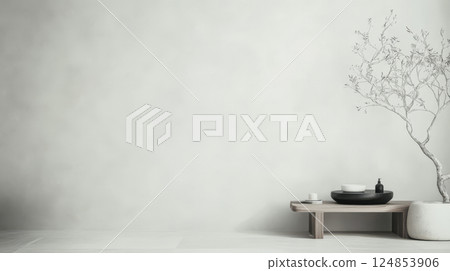 Minimalist decor featuring a simple table with dishes and a branch against a neutral wall 124853906