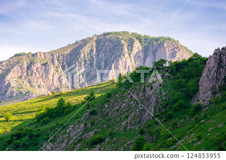 mountain landscape of romania in springtime. outdoor adventure. rock formation and grassy hill in morning light. scenery in valisoarei valley. travel europe 124853955