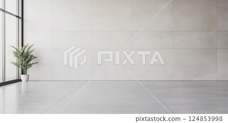 Modern empty interior space with a potted plant and large windows for natural light 124853998