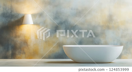 Modern bathroom design featuring a freestanding tub and minimalist lighting 124853999