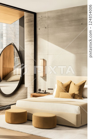 Stylish modern bedroom with large windows and elegant decor in urban setting 124854006
