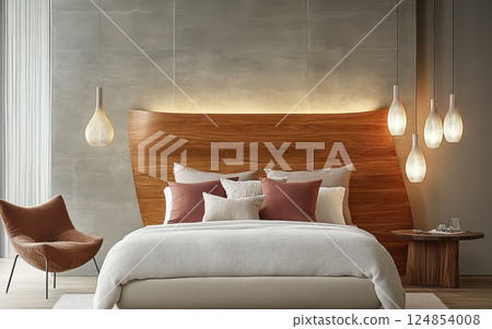 Modern bedroom design featuring warm tones and elegant lighting in a contemporary setting 124854008