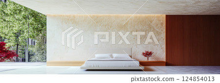 Modern minimalist bedroom design with large windows and natural light 124854013