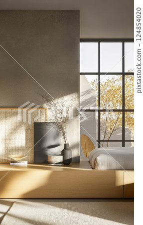 Modern bedroom interior design with natural light and minimalist decor 124854020
