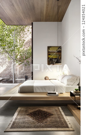 Modern bedroom design with natural light and minimalist decor in a tranquil setting 124854021
