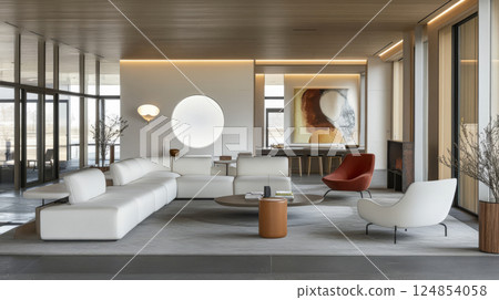 Modern living room design featuring minimalist furniture and large windows with natural light 124854058