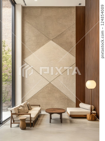 Modern interior design featuring geometric decor in a chic lounge area 124854089