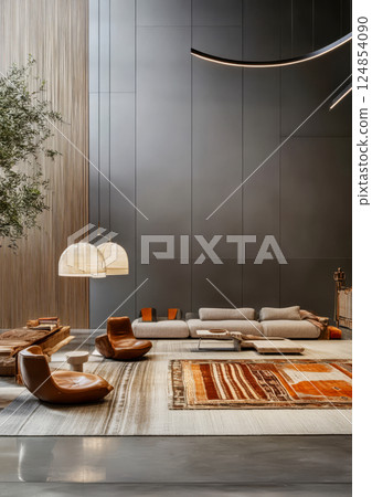 Modern interior design in a spacious living area with stylish furniture and decor 124854090