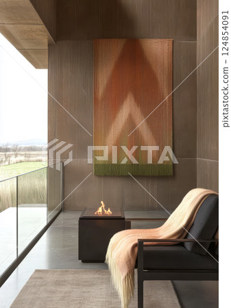 Modern interior with a cozy seating area and outdoor view by the fireplace Modern interior with a cozy seating area and outdoor view by the fireplace 124854091