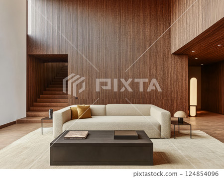 Modern minimalist living room with wooden accents and stylish furniture 124854096