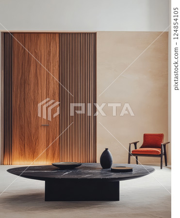 Minimalist interior design featuring a round coffee table and accent chair in a modern space 124854105