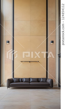 Modern living room interior with sleek sofa and elegant wall design showcasing minimalist style 124854112
