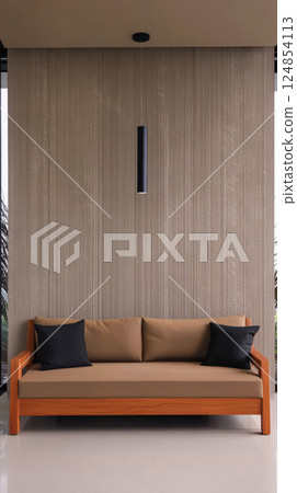 Cozy modern sofa with wooden frame and decorative cushions in minimalist setting 124854113