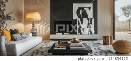 Modern living room with minimalistic decor and natural light in cozy home environment Modern living room with minimalistic decor and natural light in cozy home environment 124854115