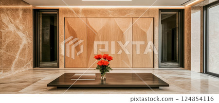 Modern design features elegant wood paneling and vibrant flowers in a large lobby Modern design features elegant wood paneling and vibrant flowers in a large lobby 124854116
