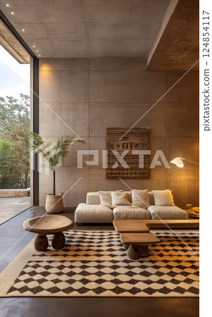 Stylish living room featuring a modern design with natural elements and earthy tones 124854117