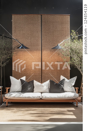 Cozy living room setup with modern furniture and decorative lighting in a stylish space Cozy living room setup with modern furniture and decorative lighting in a stylish space 124854119