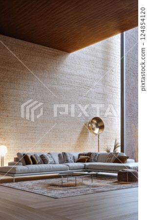 Modern living room with minimalist design and natural lighting in a tranquil setting Modern living room with minimalist design and natural lighting in a tranquil setting 124854120