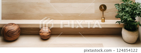 Stylish interior arrangement featuring natural elements in a modern setting Stylish interior arrangement featuring natural elements in a modern setting 124854122