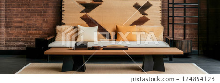 Stylish living room with modern furniture and earthy tones in an urban apartment Stylish living room with modern furniture and earthy tones in an urban apartment 124854123