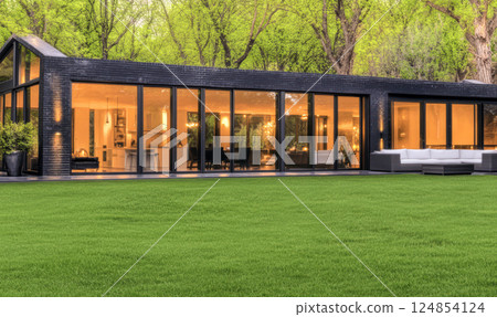 Modern home surrounded by green lawn in a tranquil wooded area during the evening Modern home surrounded by green lawn in a tranquil wooded area during the evening 124854124