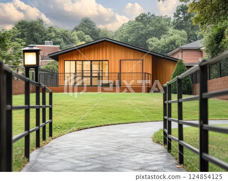 Modern wooden house with spacious lawn in suburban area during late afternoon Modern wooden house with spacious lawn in suburban area during late afternoon 124854125